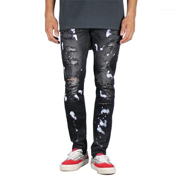 

personality street mens pants new arrival mens designer jeans fashion splashing ink and paint zipper fly washed ripped jeans, Blue