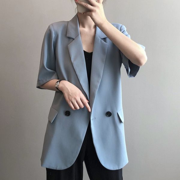 

women's suits & blazers [ewq] 2021 sweet women jacket korea short sleeveloose casaul ladies office coat minimalist summer thin outwear, White;black