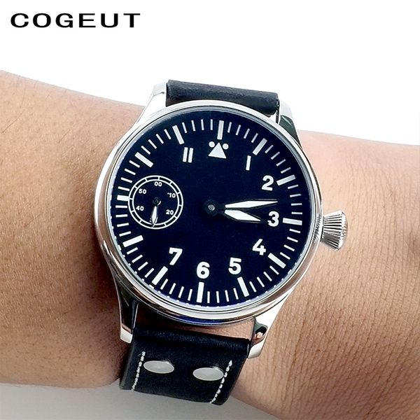 

oumashi 44mm vintage pilot hand winding watch sea gull st3600 movement 6497 fashion leather luminous mens mechanical wristwatch, Slivery;brown