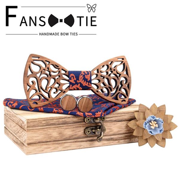 

neck ties fashion adjustable floral hollow wooden bow tie set pocket square cuff brooch with wood box for men wedding, Blue;purple