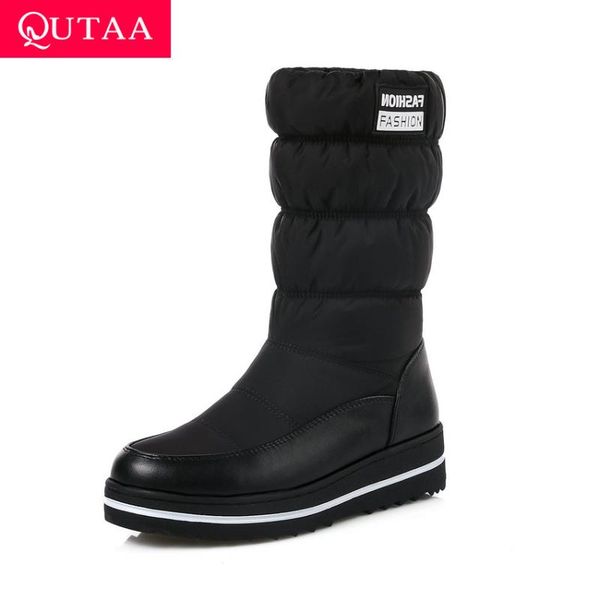 

boots qutaa 2021 warm fur platform height increasing slip on women snow elastic band fashion round toe mid calf size 35-43, Black