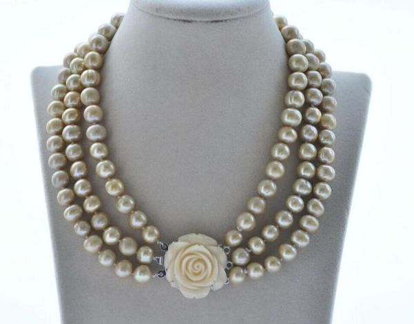 

3row 10-11mm golden round freshwater pearl necklace 18, Silver