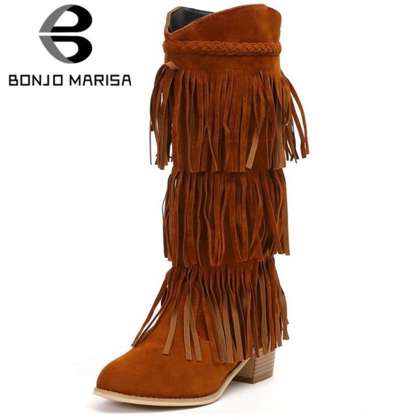 

bonjomarisa classic autumn retro fringe mid-calf western boots women high chunky heels shoes woman, Black