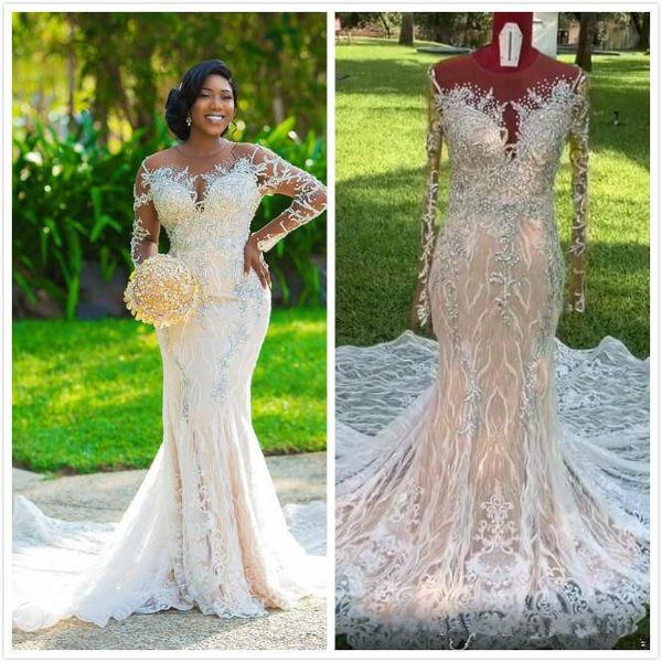 

2021 arabic mermaid luxurious wedding dresses beaded crystals lace bridal dresses backless vintage wedding gowns, White