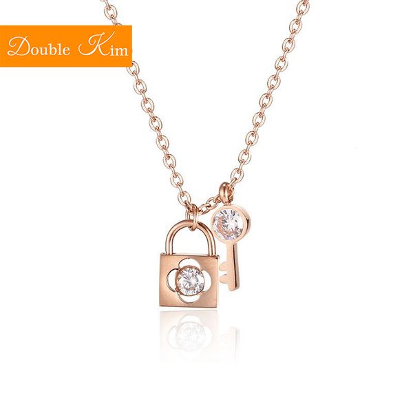 

pendant necklaces key & lock necklacemicro zircon necklace titanium stainless steel metal rose gold chain trendy women jewelry, Silver