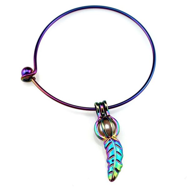 

bangle b-c542 rainbow plant leaf beads cage locket wrist girl women expandable wire steel bracelet, Black