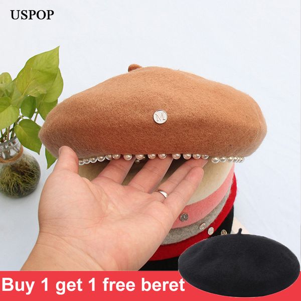 

berets uspop women hats winter wool letter  thick warm pearl beret hat, Blue;gray