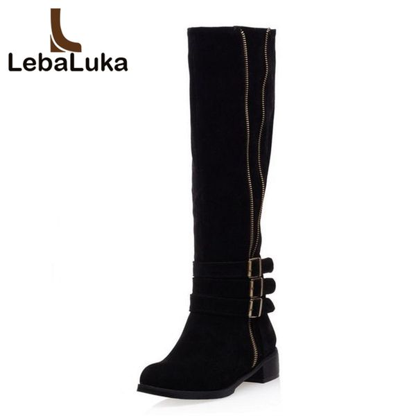 

tuyoki women knee boots metal buckle winter woman shoes zipper fashion long boots fur warm office ladies shoes size 33-43, Black
