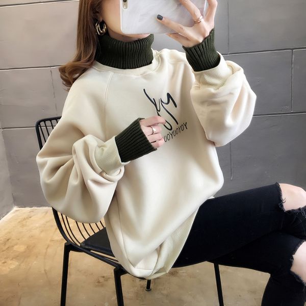 

new 2020 autumn women hoodies winter fake two piece pullovers turtleneck long sleeve letter print causal brand hoodies, Black