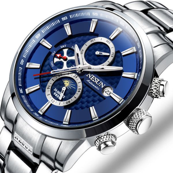 

wristwatches nesun original brand men automatic watches sporty design 3 eyes mechanical wrist watch moon phase 316l full steel calendar, Slivery;brown