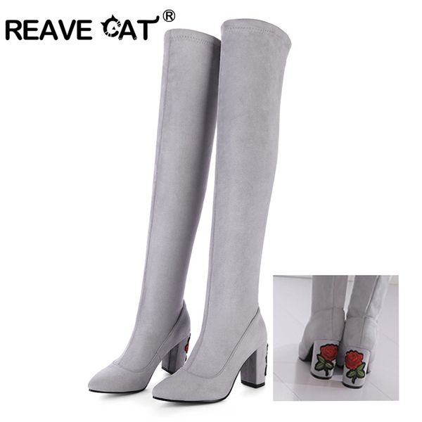 

reave cat women boots knee boots flower flock autumn winter over the knee slip-on woman shoes pointed toe female fashion a846, Black