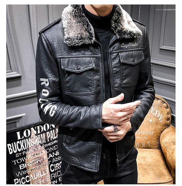 

letter embroidery biker jacket faux fur collar mens jacket designer pu leather thick autumn winter clothes, Black