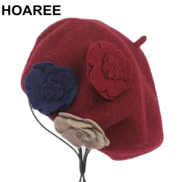

hoaree 100% wool beret hat for women red flower ladies woolen winter berets french beanie vintage female artist painter cap, Blue;gray