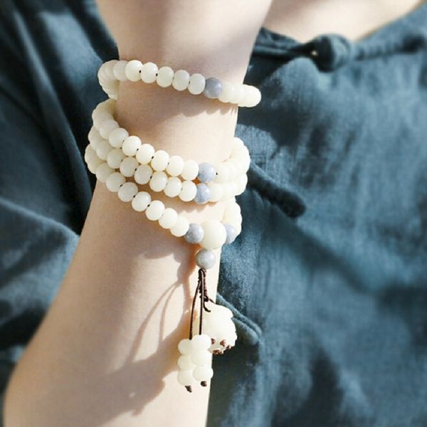 

original designer natural white bodhi bead with bodhi root lotus buddhist 108 beads mala bracelet elegant lady jewelry wholesale, Black