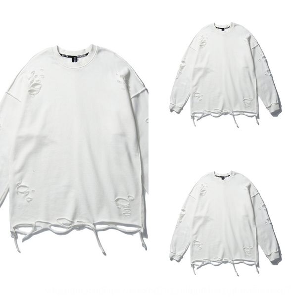 

solid color hole-breaking long-sleeved sweater men's ins trendy brand low hem shabby high street base shirt hiphop sweatersweater sw, Black