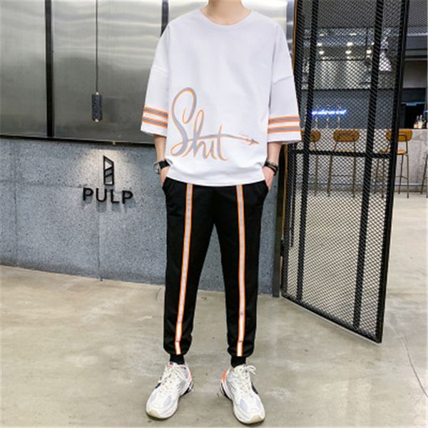 

designer men tracksuit korean trend new short sleeve tshirt suit male loose han edition popular logo leisure summer thin pants suit, Gray