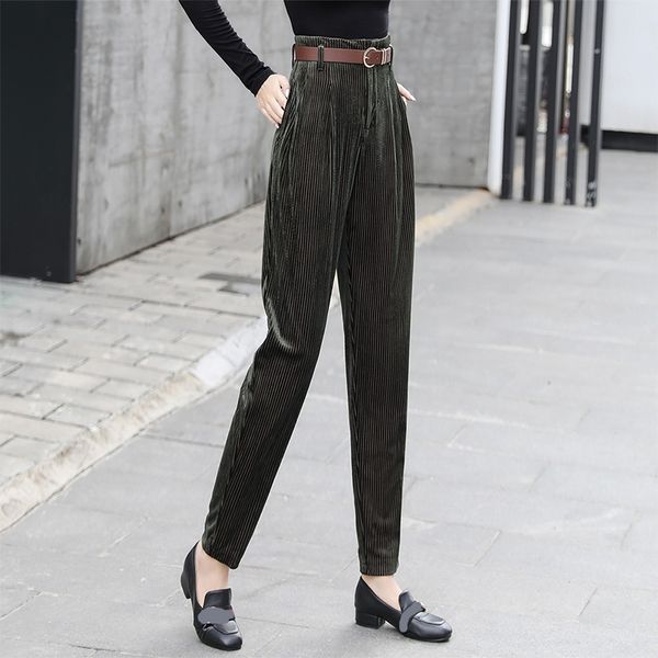 

women corduroy harem pants with sashes feet pant high waist nine-point trousers belt brand quality fashion female autumn winter, Black;white