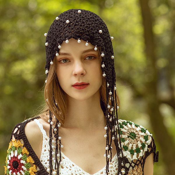 

berets b-7954 knitting hat hand-woven exotic ethnic style hollow retro head net red tassels headwear court princess, Blue;gray