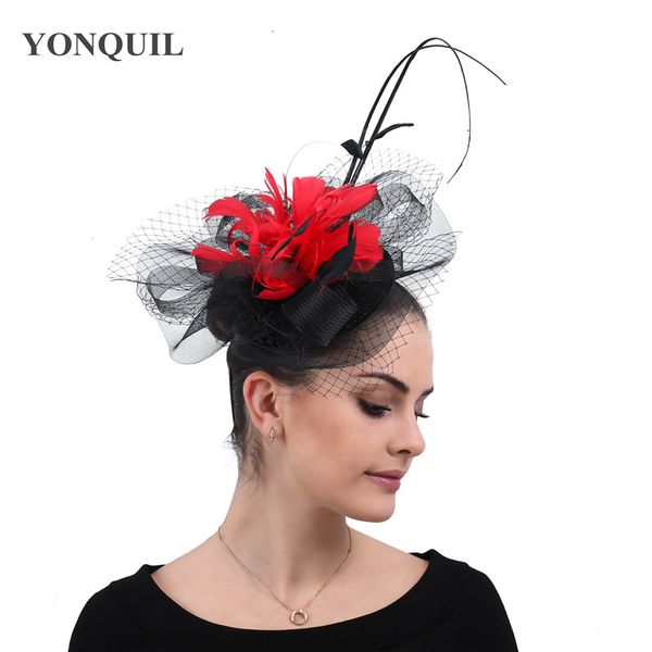 

black with red fashion wedding mesh headwear for elegant female formal fedora cao flower fascinator ladies tulle hat hair clip, Blue;gray