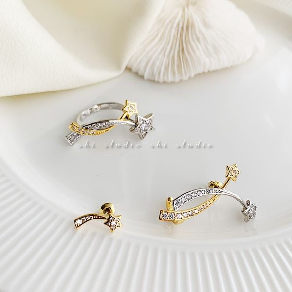 

stud meteor zircon contrast earrings female left right asymmetric earring ring, Golden;silver