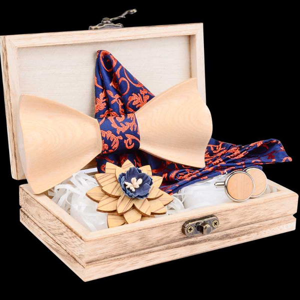

neck ties mens 3d wooden wood bow tie silk jacquared pocket square cuff brooch set with box suit novelty accessories gift, Blue;purple