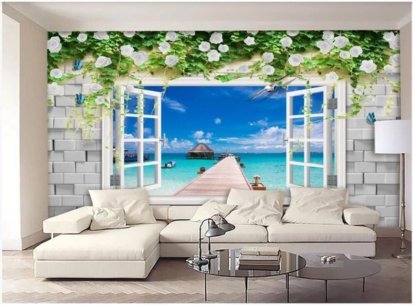 

wdbh custom p mural 3d wallpaper brick wall window vine rose sea view living room home decor 3d wall murals wallpaper for walls 3 d