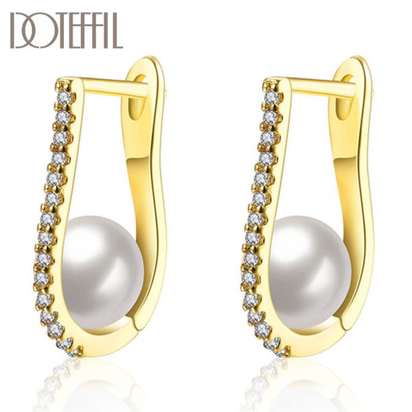 

doteffil 925 sterling silver/18k gold pearl zircon earrings fashion for woman wedding engagement party gift jewelry, Golden;silver