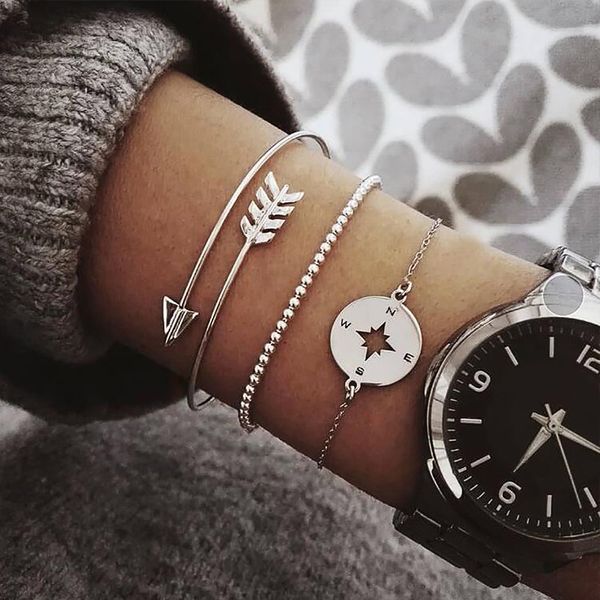 

3 pcs/set bohemian hollow arrow compass beads chain silver multilayer bracelet women exquisite charm jewelry gift, Black
