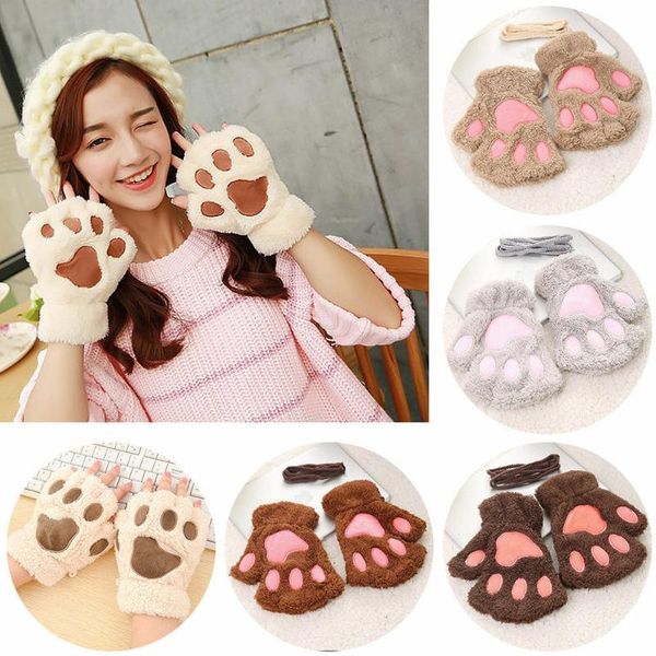 

five fingers gloves women bear cat claw mitten plush glove costume warm winter half finger short female, Blue;gray