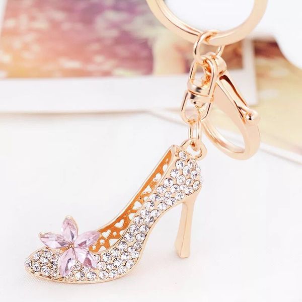 

new fashion rhinestone high-heeled flower shoes key ring crystal shoes car key chains girls bag pendant keychain, Silver