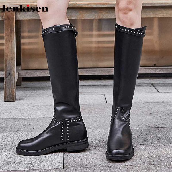 

lenkisen rivets knight boots genuine leather round toe med heels winter warm fashion buckle straps women thigh high boots l29, Black