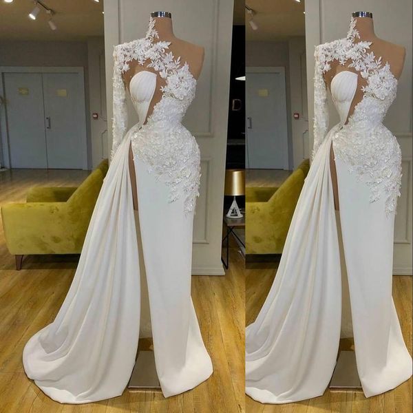 Arabisch Dubai sexy Abschlussball Kleider Ein Schulterspitze Applikationen Blumen Perlen Lang Ärmel geteilte Abendkleid tragen rote Teppich formelle Partykleider 403