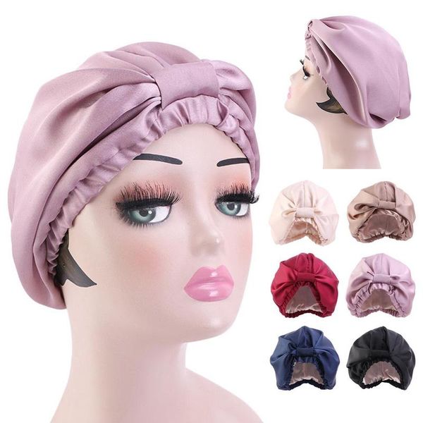 

women sleep hat soft pure silk charmeus night sleep cap hair bonnet silk comfortable head cover wide elastic band hair loss cap, Blue;gray