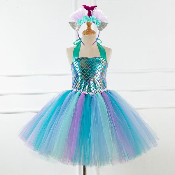 Baby Girls Cosplay Tutu Saias Com Headband Sequined Children Dance Dress Com Bow Arco-íris Color Kids Holidays Vestir-se