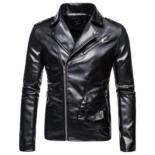 

men's leather autumn new long sleeve solid zipper pocket lapel large size personality locomotive cool male coat, Black