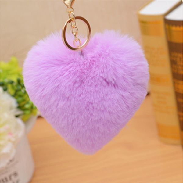 

leather keychain heart shape plush keychains small pendant plush toys women fluffy fur pom pom keyring bag hang new, Silver