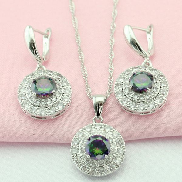 

classic round multi-color white cubic zirconia jewelry sets women necklace set earrings pendant necklace gift box, Silver