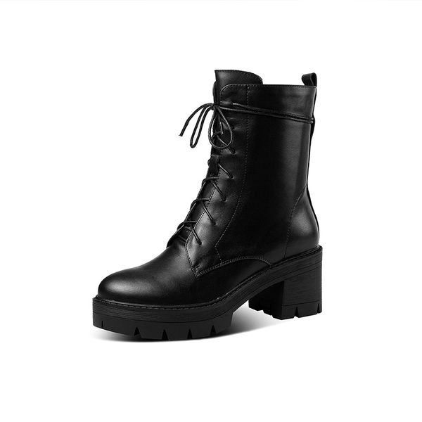 

fashion genuine leather square high heel women boots casual round toe shoes basic handmade ladies boots, Black
