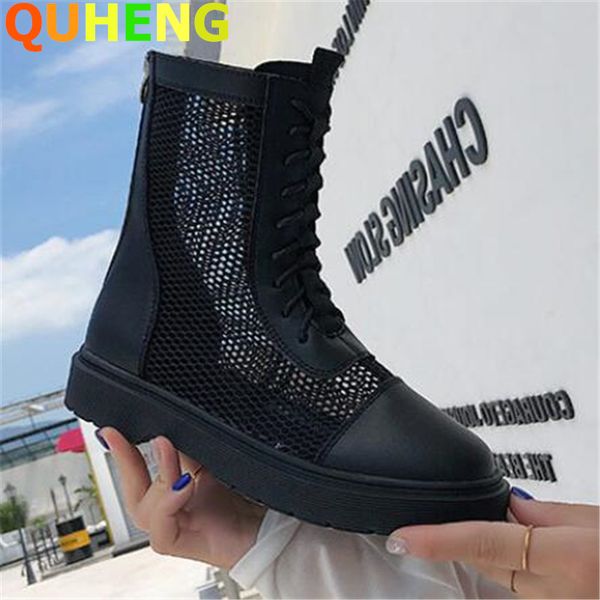 

boots women breathable mesh middle tube genuine leather round head platform short 2021 spring autumn gladiator, Black