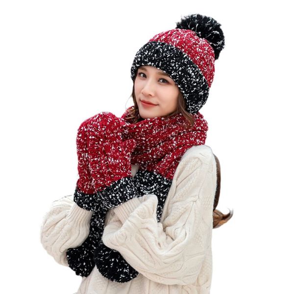 

3шт зимы женщин коренастый вязать снежинка цвет блока beanie hat шарф перчатки set d08e, Blue;gray