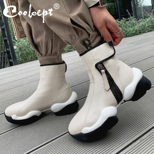 

coolcept new women ankle boots real leather thick bottom mixed color women winter autumn short boots footwear size 34-42, Black