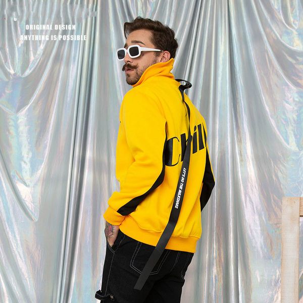 

autumn and winter new original sweatshirt men's hip hop tide brand high collar streamers plus velvet men's top, Black
