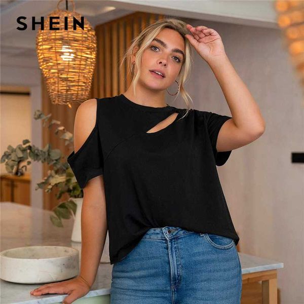 

shein plus size cold shoulder cut out front solid women summer short sleeve round neck tee casual t-shirts, White