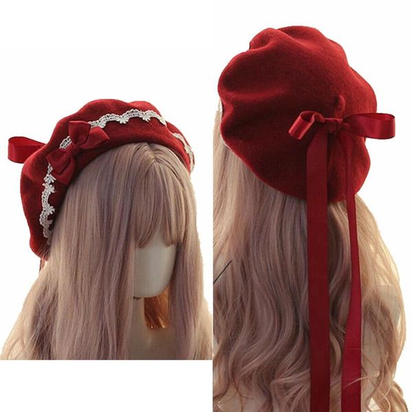 

лолита девушки cute bowknot beanie женщины повседневная hat берет painter hat, Blue;gray