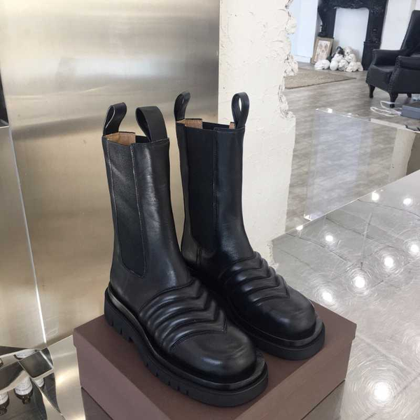 

shoes women genuine cow leather mid calf boots slip on round toe boots waterproof low heels zapatos de mujer, Black