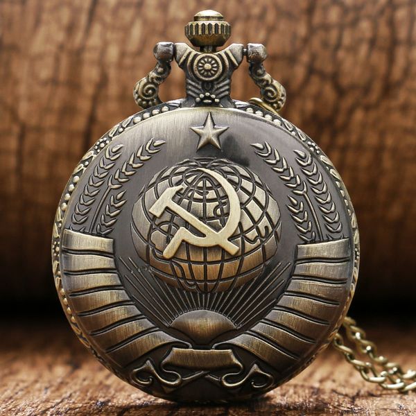 

pocket watches vintage pendant soviet union russian flag hammer and sickle designer communist quartz bronze necklace chain watch gifts, Slivery;golden