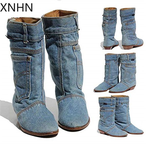 

low heel denim casual denim boot ladies autumn winter cowboy boots, Black