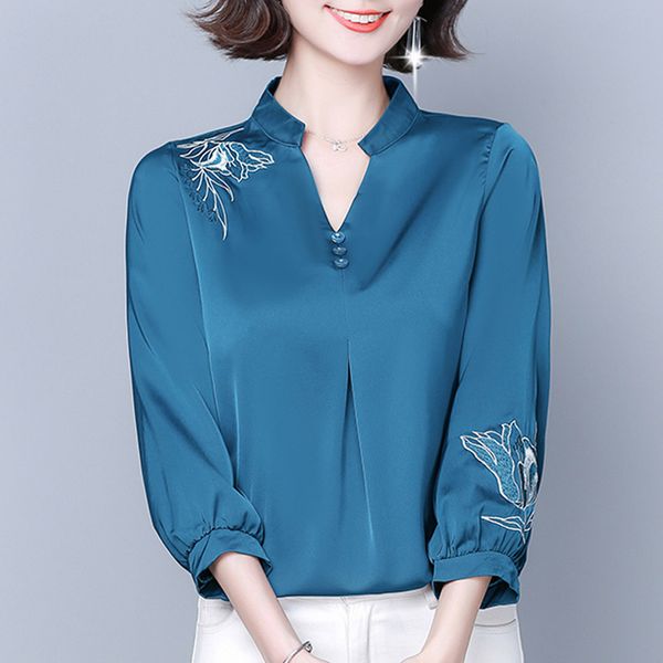 

4xl 2020 autumn casual plus size women clothing 3/4 sleeve ladies blouse female embroidery satin shirt, White