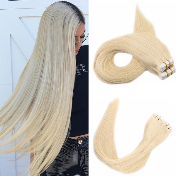 

100g 40pcs silk straight tape in human hair extensions 14 16 18 20 22 24 613#russian blonde color, Black