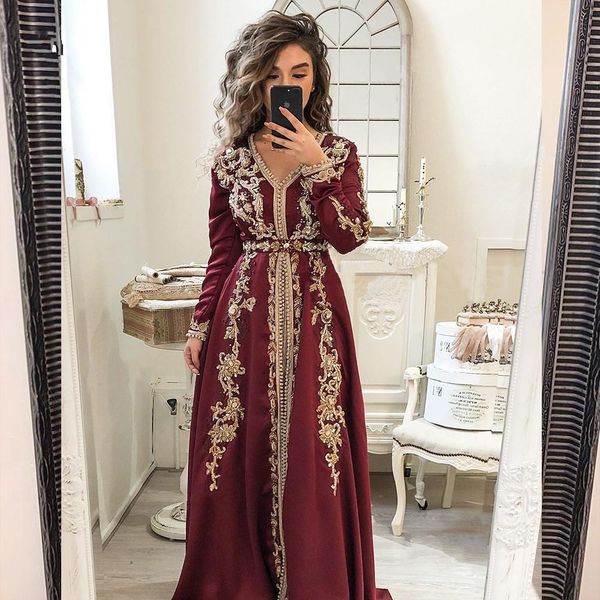 Kaftan marroquino muçulmano Evening vestidos com mangas Sexy Pescoço V manga comprida vestido de baile com apliques A linha de plataforma vestes Comprimento de soirée